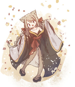 1girl absurdres animal_ears bare_shoulders black_kimono brown_hair cat_ears cat_girl chipie_0114 commentary_request full_body highres japanese_clothes kimono long_hair long_sleeves looking_at_viewer off_shoulder okobo open_mouth original pantyhose platform_sandals sandals solo standing tareme wide_sleeves