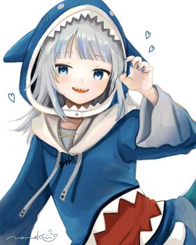 Rule 34 | 1girl, animal hood, aqua eyes, blue hoodie, blue nails, claw pose, fingernails, gawr gura, gawr gura (1st costume), grey hair, hand up, hashtag-only commentary, heart, highres, hololive, hololive english, hood, hoodie, long sleeves, multicolored hair, nail polish, nena labo, open mouth, print hoodie, shark hood, sharp teeth, signature, simple background, smile, solo, streaked hair, teeth, upper body, virtual youtuber, white background
