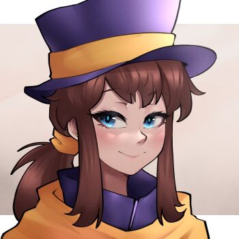 1girl a_hat_in_time blue_eyes blush brown_hair close-up closed_mouth hannesfkr hat hat_kid highres medium_hair ponytail purple_hat short_ponytail sidelocks smile solo upper_body