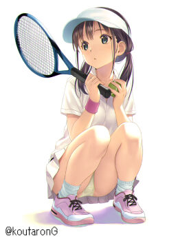 1girl artist_name ball black_hair breasts commentary_request full_body green_eyes hat holding holding_racket kneeling koutaro long_hair low_twintails miniskirt original panties pantyshot pink_shoes pleated_skirt racket shirt shoes skirt small_breasts socks solo sportswear tennis tennis_ball tennis_net tennis_racket tennis_uniform thighs twintails underwear visor_cap white_background white_shirt white_skirt yellow_panties