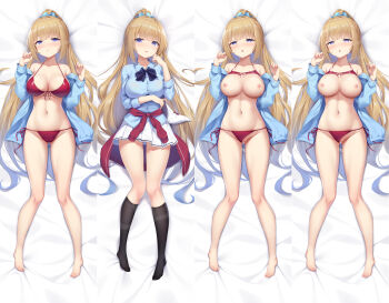 aqua_scrunchie barefoot bed_sheet bikini bikini_bottom_aside bikini_pull bikini_top_lift blonde_hair blue_scrunchie blue_shirt blush bow bow_panties breasts cleavage clothes_around_waist clothes_lift clothes_pull clothing_aside cum cum_in_pussy dakimakura_(medium) from_above front-tie_top full_body gluteal_fold hair_ornament hair_scrunchie highres holding holding_panties holding_underwear holding_unworn_clothes jacket jacket_around_waist k.t.cube karuizawa_kei kneehighs large_breasts looking_at_viewer lying multiple_views navel no_shoes on_back open_clothes open_mouth panties ponytail pussy red_bikini red_jacket scrunchie shirt side-tie_bikini_bottom skirt socks string_bikini swimsuit underwear unworn_panties variations white_panties white_skirt youkoso_jitsuryoku_shijou_shugi_no_kyoushitsu_e