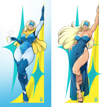 1girl amulet arm_up bayeuxman biceps blonde_blazer blonde_hair blue_dress blue_gloves blue_mask breasts cape coffee_mug cup curvy dispatch dress eye_mask full_body gem gloves highres holding holding_cup huge_breasts large_breasts looking_at_viewer mask mug muscular muscular_female no_bra no_panties official_alternate_costume red_gemstone short_cape side_slit strapless strapless_dress superhero_costume tan tanline wide_hips yellow_cape