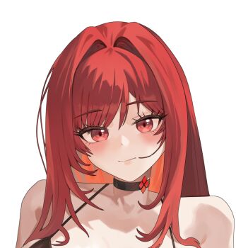 1girl bare_shoulders bikini black_bikini black_choker blush breasts choker dalssi goddess_of_victory:_nikke hair_intakes highres long_hair looking_at_viewer official_alternate_hair_color portrait rapi_(nikke) rapi_(red_hood)_(nikke) red_eyes red_hair simple_background smile solo swimsuit white_background