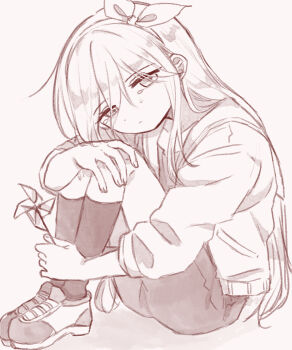 Rule 34 | 1girl, aubrey (faraway) (omori), aubrey (omori), closed mouth, collarbone, commentary request, denim, denim skirt, double-parted bangs, full body, greyscale, hair between eyes, hairband, highres, holding, holding pinwheel, jacket, kneehighs, knees up, long hair, long sleeves, looking at viewer, mimi utlove, monochrome, omori, open clothes, open jacket, pinwheel, shoes, sitting, skirt, sneakers, socks, solo