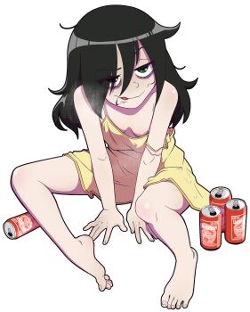 1girl ahoge alcohol alpha_transparency areola_slip bags_under_eyes barefoot beer beer_can black_hair breasts can commentary death_by_lolis dress drink_can drunk english_commentary eyes_visible_through_hair female_focus full_body green_eyes hair_over_one_eye heavy_breathing highres kuroki_tomoko long_hair looking_at_viewer meme messy_hair open_mouth sitting small_breasts solo tongue transparent_background uohhhhhhhhh!_(meme) watashi_ga_motenai_no_wa_dou_kangaetemo_omaera_ga_warui! yellow_dress