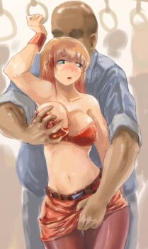 1boy 1girl arm_up belt blaze_fielding blonde_hair blush bracer breasts chikan clothes_pull faceless faceless_male fat fat_man grabbing_another's_breast grabbing_from_behind groping highres holding_strap large_breasts lifting_another's_clothes long_hair midriff miniskirt molestation navel open_mouth painting_(medium) pantyhose red_pantyhose red_skirt skirt skirt_pull strapless streets_of_rage traditional_media train train_interior tube_top watercolor_(medium)
