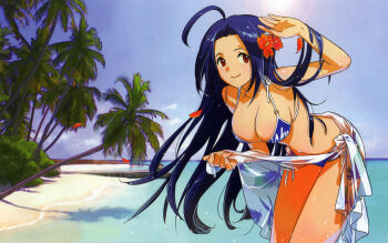 Rule 34 | 1girl, absurdres, ahoge, annindoufu (oicon), beach, bikini, black hair, breasts, brown eyes, cleavage, clothes lift, day, flower, gravure swimsuit (idolmaster), hair flower, hair ornament, hibiscus, highres, idolmaster, idolmaster (classic), idolmaster 1, large breasts, leaning forward, long hair, miura azusa, ocean, official art, outdoors, print sarong, sarong, sarong lift, scan, see-through clothes, see-through sarong, side-tie bikini bottom, smile, solo, swimsuit, textless version, third-party source, very long hair, water, white sarong