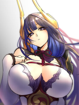 1girl armor blunt_bangs breasts commentary fake_horns genshin_impact gingami_(giluziru) grey_background head_tilt headpiece horns huge_breasts japanese_armor long_hair looking_at_viewer mitsudomoe_(shape) mole mole_under_eye multicolored_hair neck_ribbon parted_lips purple_eyes purple_hair raiden_shogun raiden_shogun_(magatsu_mitake_narukami_no_mikoto) red_ribbon ribbon shade sketch solo tomoe_(symbol) unfinished upper_body