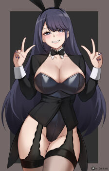 1girl absurdres animal_ear_hairband animal_ears artist_name barbell_piercing black_background black_bow black_bowtie black_hair black_jacket black_leotard blue_eyes blush border bow bowtie breasts brown_thighhighs cleavage coattails cosplay detached_collar double_v ear_piercing fake_animal_ears female_focus garter_straps grey_border grey_eyes grin hairband highleg highleg_leotard highres hioyami industrial_piercing izayoi_arisa izayoi_arisa_(cosplay) jacket kitagawa_marin large_breasts leotard long_hair long_sleeves looking_at_viewer nail_polish outside_border patreon_logo piercing playboy_bunny rabbit_ear_hairband rabbit_ears smile solo sono_bisque_doll_wa_koi_wo_suru thighhighs thighs v wrist_cuffs