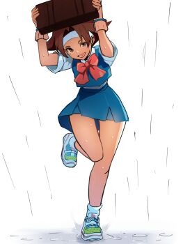 Rule 34 | 1girl, :d, arms up, bag, blue skirt, blue vest, bow, bowtie, brown eyes, brown gloves, brown hair, commentary, gloves, headband, highres, holding, holding bag, justice gakuen, looking at viewer, meke (77842928), miniskirt, open mouth, parted bangs, rain, red bow, red bowtie, running, school uniform, shirt, shoes, short hair, short sleeves, skirt, smile, sneakers, solo, symbol-only commentary, taiyou gakuen uniform, teeth, thighs, tongue, vest, wakaba hinata, wet floor, white headband, white shirt