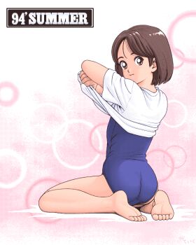 1990s_(style) 1girl :s archived_source ass bare_legs barefoot blue_one-piece_swimsuit brown_eyes brown_hair bubble_background closed_mouth clothes_pull colored_shadow commentary_request dated dithering expressionless feet from_behind full_body invisible_floor looking_at_viewer looking_back on_floor one-piece_swimsuit original pc-98_(style) pink_background pixel_art pulling_own_clothes retro_artstyle school_swimsuit shadow shirt shirt_pull short_sleeves sitting swimsuit teiku_(take) undressing wariza white_shirt