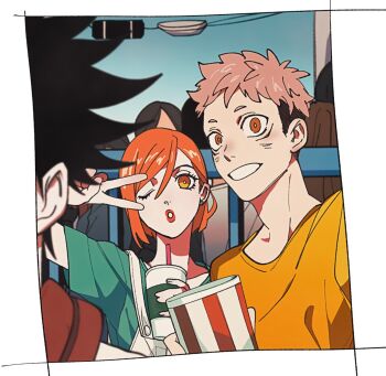 1girl 2boys black_hair bob_cut brown_eyes brown_hair drink duck_face eyelashes fushiguro_megumi green_shirt highres itadori_yuuji jujutsu_kaisen kugisaki_nobara lipstick makeup multiple_boys open_mouth overalls pink_hair power_lines sa1men shirt short_hair short_sleeves smile soda spiked_hair t-shirt taking_picture teeth undercut v white_overalls yellow_shirt