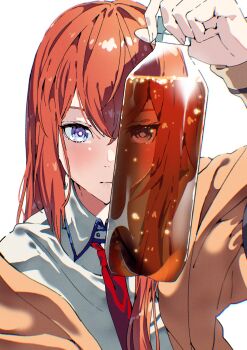 1girl brown_jacket hair_between_eyes highres jacket long_hair looking_at_viewer makise_kurisu necktie purple_eyes purple_trim red_hair red_necktie ringed_eyes science_adventure solo solo_focus steins;gate tsujii_luki white_background