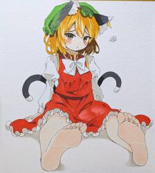 Rule 34 | 1girl, animal ear piercing, animal ears, arms at sides, barefoot, blush, brown eyes, brown hair, cat ears, cat girl, cat tail, chen, china dress, chinese clothes, commentary request, dress, feet, foreshortening, frilled dress, frills, full body, green hat, hair between eyes, hat, juliet sleeves, long sleeves, looking at viewer, medium hair, mob cap, multiple tails, open mouth, puffy sleeves, raised eyebrows, red dress, seika okawari, shirt, short dress, shy, simple background, sitting, soles, solo, squiggle, sweatdrop, tail, tail raised, toes, touhou, traditional media, tsurime, two tails, white background, white shirt