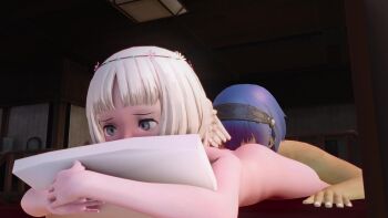 1boy 1girl 3d age_difference angel_wings animated blonde_hair closed_mouth completely_nude cunnilingus embarrassed eyelashes feathered_wings feet_out_of_frame from_above grey_eyes half-closed_eyes hetero hugging_object indoors interspecies loli lolpantsu looking_afar lying maria_(metaphor:_refantazio) metaphor:_refantazio nervous nose nude on_stomach on_table open_mouth oral pillow pillow_hug short_hair solo_focus table tagme video wide-eyed wings