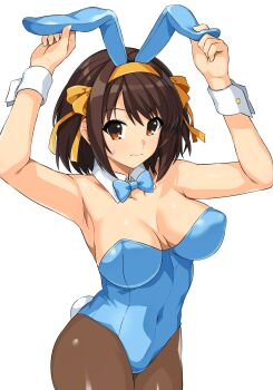 1girl absurdres alternate_costume animal_ears armpits arms_up blue_bow blue_bowtie blue_leotard bow bowtie breasts breasts_apart brown_eyes brown_hair brown_pantyhose closed_mouth commentary_request covered_navel detached_collar fake_animal_ears fake_tail hair_ribbon hairband haruhisky highres large_breasts leotard looking_at_viewer medium_hair pantyhose playboy_bunny rabbit_ears rabbit_tail ribbon solo standing strapless strapless_leotard suzumiya_haruhi suzumiya_haruhi_no_yuuutsu sweatdrop tail white_wrist_cuffs wrist_cuffs yellow_hairband yellow_ribbon