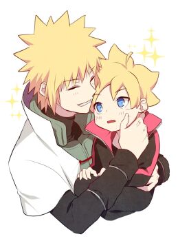 2boys black_jacket blonde_hair blue_eyes boruto:_naruto_next_generations closed_eyes facial_mark flak_jacket grandfather_and_grandson jacket long_sleeves male_focus multiple_boys namikaze_minato naruto_(series) naruto_shippuuden nipye open_mouth smile spiked_hair upper_body uzumaki_boruto whisker_markings white_background