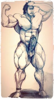 1boy abs bara bodybuilder closed_eyes erection extreme_muscles flexing highres large_penis male_focus muscular muscular_arms muscular_legs muscular_male pectorals penis shaved_body