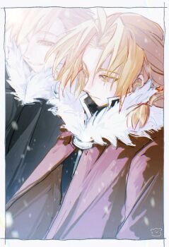 Rule 34 | 2boys, alphonse elric, black jacket, black shirt, blonde hair, border, braid, brothers, closed mouth, collared shirt, commentary request, edward elric, fullmetal alchemist, fur-trimmed jacket, fur trim, highres, jacket, male focus, multiple boys, red jacket, shirt, siblings, snowing, upper body, white border, white trim, wlyuzu, yellow eyes