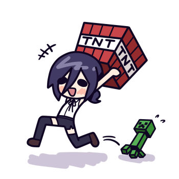 1girl :d akina_mochi arms_up black_ribbon black_shorts black_thighhighs blush brown_shoes chainsaw_man chibi chibi_only commentary creeper crossover explosive flying_sweatdrops hair_between_eyes highres holding_above_head laughing long_hair_between_eyes minecraft neck_ribbon open_mouth ponytail purple_hair reze_(chainsaw_man) ribbon running shirt shoes short_ponytail shorts sleeveless sleeveless_shirt smile solid_oval_eyes thighhighs tnt tnt_block_(minecraft) white_shirt