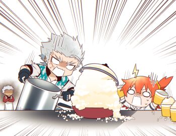 0nodera 1girl 2boys archer_(fate) black_gloves blank_eyes chibi chibi_only commentary_request emphasis_lines expressive_hair fate/grand_order fate_(series) food forked_eyebrows fujimaru_ritsuka_(female) gloves grey_hair long_sleeves multiple_boys nagakura_shinpachi_(fate) orange_hair popcorn scar scar_on_face scared short_hair
