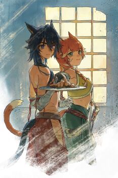 2girls absurdres animal_ears bandaged_arm bandaged_hand bandages black_hair braid cat_ears cat_girl cat_tail chakram chinese_commentary closed_mouth commentary_request cropped_legs dancer_(final_fantasy) final_fantasy final_fantasy_xiv from_side green_eyes hair_between_eyes highres holding_chakram holding_weapon long_hair looking_at_viewer midriff miqo'te multiple_girls orange_hair purple_eyes slit_pupils sweat tail training warrior_of_light_(ff14) weapon window yuzaiii