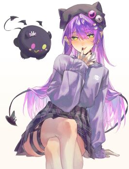 1girl absurdres alternate_costume bibi_(tokoyami_towa) black_hat black_nails black_skirt black_tail closed_mouth commentary crossed_legs demon_girl demon_tail ear_piercing fake_horns flying green_eyes grey_sweater hair_between_eyes hair_flowing_over hand_up hashtag-only_commentary hat heart heart_tail highres hololive horned_headwear horns invisible_chair legzy long_hair miniskirt nail_polish piercing plaid_clothes plaid_skirt purple_hair purple_skirt simple_background sitting skirt smile sweater tail tail_ornament tail_piercing thigh_strap tokoyami_towa tongue tongue_out two-tone_skirt white_background