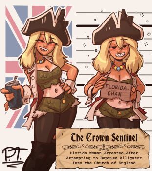 1girl absurdres american_revolution american_revolution_smuggler beer_can black_boots black_pantyhose blush boots bow breasts can character_name cleavage clothing_request commentary crop_top drink drink_can drunk english_commentary english_text feet_out_of_frame florida_(american_revolution_smuggler) green_shorts green_tube_top hand_on_own_hip hat hat_bow highres holding holding_board holding_drink jacket jpt_arts knee_boots looking_at_viewer medium_breasts mob_face mugshot multiple_views navel news nose pantyhose personification seductive_smile sharp_teeth shirt_tan shorts signature smile standing strapless tan tanline teeth torn_clothes torn_jacket tube_top wrist_cuffs