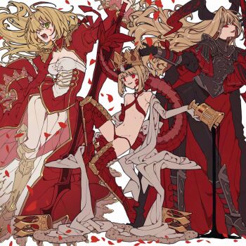 3girls absurdres armor black_cloak black_pants blonde_hair blood blood_on_face bow braid breasts chalice character_request cleavage cloak commentary_request copyright_request crown cup dragon_horns dragon_tail dress elbow_gloves facial_mark fate_(series) flat_chest gem gloves glowing glowing_eyes gold_crown greaves green_eyes hair_bow high_heels highres holy_grail_(fate) horns long_hair long_sleeves looking_at_viewer lower_teeth_only m_12170 medium_breasts medium_hair multiple_girls nero_claudius_(fate) open_mouth pants petals queen_draco_(fate) red_bow red_dress red_eyes rose_petals scales see-through_clothes sitting smile tail teeth very_long_hair white_gemstone white_gloves