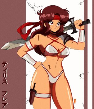 Rule 34 | 1990s (style), 1girl, absurdres, bikini, breasts, brown hair, cleavage, commentary, cowboy shot, crack, english commentary, facial scar, golden axe, grey bikini, hand on own hip, headband, highres, holding, holding sword, holding weapon, long hair, o-ring, o-ring bikini, peachyboi, red eyes, red headband, retro artstyle, scar, scar on arm, scar on breasts, scar on cheek, scar on face, scar on shoulder, scar on stomach, shiny skin, solo, stomach, swimsuit, sword, thigh strap, translation request, tyris flare, weapon