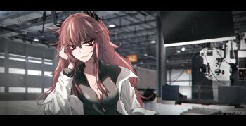 1girl animal_ears bad_id bad_twitter_id bags_under_eyes black_shirt blouse breasts cat_ears cleavage collared_shirt female_focus girls'_frontline hair_between_eyes head_rest highres indoors lab_coat letterboxed long_hair looking_at_viewer messy_hair off_shoulder persica_(girls'_frontline) pink_hair red_eyes rkzrok scenery shirt solo tagme v-shaped_eyebrows warehouse