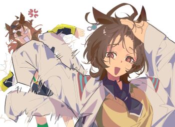 2girls absurdres adjusting_hair agnes_tachyon_(tach-nology)_(umamusume) agnes_tachyon_(umamusume) ahoge anger_vein animal_ears brown_eyes brown_hair coat hair_slicked_back hand_in_own_hair hashtag-only_commentary highres horse_ears horse_girl huge_ahoge john_uma jungle_pocket_(champion's_battle_cry)_(umamusume) jungle_pocket_(umamusume) lab_coat meme multiple_girls naoya_hitting_choso_without_looking_(meme) necktie open_mouth punching scene_reference short_necktie simple_background smear_frame sweater umamusume white_background white_coat yellow_sweater
