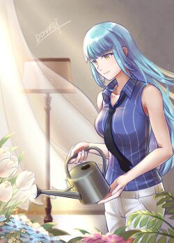 1girl aradonkey artist_name black_cross_tie blue_hair blue_shirt commentary_request eiyuu_densetsu garden highres hime_cut kai_no_kiseki kuro_no_kiseki_(series) kuro_no_kiseki_i light_smile looking_at_flowers maid pants risette_twinings shirt sunlight tactical_maid unconventional_maid watering white_pants yellow_eyes