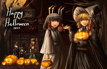 6+girls alice_margatroid alternate_costume alternate_headwear_color backlighting bare_tree bat_wings black_capelet black_dress black_gloves black_hat black_ribbon blonde_hair blue_hair book bow braid brown_eyes brown_hair building candle candy cape capelet carrying clock clock_tower closed_eyes commentary crystal dress english_commentary english_text eye_contact fire flandre_scarlet flower food frilled_hair_tubes frills full_moon gloves hair_bow hair_tubes hakurei_reimu halloween halloween_costume happy_halloween hashihime hat hat_bow hat_flower hat_ornament hat_ribbon head_wings highres holding holding_candy holding_food holding_lollipop hong_meiling izayoi_sakuya jack-o&#039;-lantern japanese_clothes kimono kirisame_marisa koakuma lollipop long_hair long_sleeves looking_at_another mima_(touhou) mob_cap moon multicolored_wings multiple_girls neck_ribbon night night_sky no_hair_bow noose on_roof one_side_up open_mouth own_hands_together patchouli_knowledge patchwork_clothes patchwork_skin pointing pumpkin red_bow red_cape red_eyes red_flower red_hair red_rose remilia_scarlet ribbon rose shadow shoes shoulder_carry siblings side_braid side_ponytail single_braid sisters sky smile staff staff_riding star_(symbol) star_hat_ornament stitched_face stitches sweatdrop there2007 top_hat touhou touhou_(pc-98) tower tree twin_braids white_kimono wide_sleeves wings witch witch_hat wrist_cuffs yellow_eyes zombie