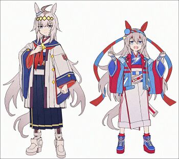 2girls :d adapted_costume ahoge animal_ears ankle_boots arm_at_side belt belt_buckle black_hakama blue_eyes blue_hairband blue_jacket blue_kimono blue_ribbon blue_sailor_collar blue_shoes boots brooch buckle buttons check_clothing clenched_hands clothing_request commentary_request diamond_(shape) diamond_hairband double-parted_bangs ear_covers fang fingerless_gloves full_body gloves grey_hair hair_between_eyes hair_ornament hairband hakama hakusai_(tiahszld) hand_on_own_chest hands_up haori headband horse_ears horse_girl horse_tail jacket japanese_clothes jewelry kimono lapels lightning_bolt_print long_hair long_sleeves looking_at_viewer multicolored_hair multicolored_hairband multicolored_jacket multicolored_shoes multiple_belts multiple_girls neckerchief notched_lapels oguri_cap_(starlight_beat)_(umamusume) oguri_cap_(umamusume) open_mouth platform_shoes red_hairband red_headband red_jacket red_neckerchief red_ribbon red_shoes red_socks red_trim ribbon roots_(hair) sailor_collar shoes simple_background single_horizontal_stripe smile sneakers socks sphere_hair_ornament standing star_brooch star_ornament striped_clothes striped_hairband striped_ribbon tail tamamo_cross_(fast_as_lightning)_(umamusume) tamamo_cross_(umamusume) two-sided_fabric two-sided_jacket two-tone_hairband two-tone_jacket two-tone_kimono two-tone_ribbon two-tone_shoes umamusume very_long_hair white_background white_belt white_boots white_gloves white_jacket white_kimono white_trim wide_sleeves yellow_hairband zipper zipper_pull_tab