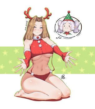 Rule 34 | 2girls, blonde hair, blush, breasts, commentary, elbow gloves, elf, fake horns, frieren, gloves, green eyes, happy, hat, horns, jk arts, large breasts, long hair, looking at viewer, methode (sousou no frieren), multiple girls, navel, panties, pointy ears, red gloves, red panties, santa costume, sitting, smile, sousou no frieren, twintails, underwear