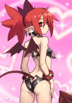 1girl ass black_bra black_panties bra bracelet butt_crack collar commentary demon_girl demon_tail demon_wings disgaea earrings english_commentary etna_(disgaea) from_behind heart heart_background jewelry looking_at_viewer looking_back mini_wings o3o paid_reward_available panties pink_background pointy_ears red_eyes red_hair red_tail red_wings shiny_skin skull_earrings solo tail thighs twintails underwear vins-mousseux wings