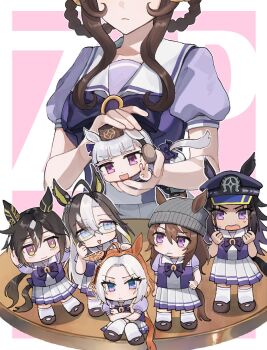 6+girls ahoge animal_ears beanie black_hair blue_eyes blunt_bangs brown_hair chibi commentary dream_journey_(umamusume) ears_through_headwear fenomeno_(umamusume) gentildonna_(umamusume) glasses gold_ship_(umamusume) grey_hair hair_between_eyes hat highres himo_(user_rzgz5877) holding horse_ears horse_girl horse_tail long_hair looking_at_viewer multicolored_hair multiple_girls nakayama_festa_(umamusume) orange_hair orfevre_(umamusume) peaked_cap purple_eyes school_uniform smile stay_gold_(umamusume) stay_gold_clan_(umamusume) tail tracen_school_uniform umamusume white_hair