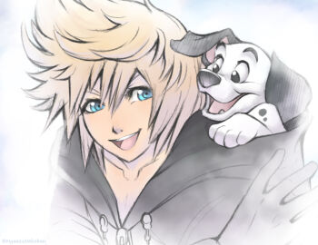 101_dalmatians 1boy animal animal_in_clothes baby_animal black_coat black_coat_(kingdom_hearts) black_gloves blonde_hair blue_eyes coat commentary dalmatian dog fang gloves hand_up happy hood hood_down hooded_coat kingdom_hearts kingdom_hearts_ii looking_at_another lucky_(101_dalmatians) male_focus nyaasu_nekoban open_mouth puppy roxas short_hair smile spiked_hair upper_body