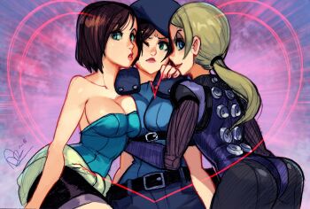Rule 34 | 3girls, alex ahad, arm around shoulder, ass, asymmetrical docking, beret, blonde hair, blue eyes, bodysuit, breast press, breasts, brown hair, cleavage, clothes around waist, girl sandwich, group hug, hat, heart, highres, hug, in-franchise crossover, jill valentine, large breasts, miniskirt, multiple girls, multiple persona, official alternate costume, official alternate hairstyle, ponytail, resident evil, resident evil 1, resident evil 3: nemesis, resident evil 5, s.t.a.r.s. uniform, sandwiched, short hair, skirt, strapless, tube top