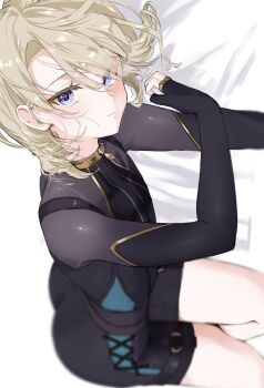 Rule 34 | 1boy, black bodysuit, black shorts, blonde hair, blue eyes, blush, bodysuit, closed mouth, commentary, fingerless gloves, freckles, freminet (genshin impact), genshin impact, gloves, highres, long sleeves, sahi00000, short hair, shorts, solo, symbol-only commentary, thighs, white background