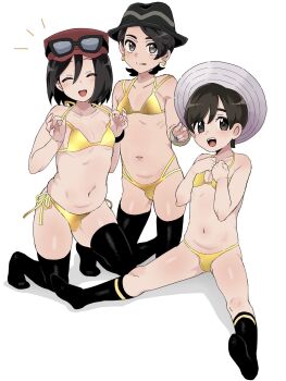 3boys :d alternate_costume bare_shoulders bikini black_hair black_hat black_socks bulge calem_(pokemon) closed_mouth collarbone commentary_request crossdressing crossdressing_(mtf) earrings extra_digits eyewear_on_headwear florian_(pokemon) gold_bikini hands_up hat highres jewelry knees light_blush male_focus male_with_breasts medium_hair multiple_boys navel nintendo notice_lines open_mouth paxton_(pokemon) pokemon pokemon_legends:_z-a pokemon_scarlet_and_violet pokemon_x_and_y red_hat sana_(37pisana) short_hair shota smile socks split_mouth sunglasses swimsuit teeth tongue tongue_out upper_teeth_only