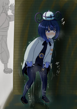 ! !! 1boy 1girl blush brick_wall gloves gwynn_(pokemon) hat highres ivor_(pokemon) modoki_ocutopus nintendo pee peeing peeing_self pokemon pokemon_legends:_z-a purple_eyes purple_hair shadow standing sweatdrop trembling