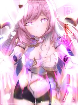 1girl black_shorts breasts character_name cleavage commentary corset diamond-shaped_pupils diamond_(shape) elf elysia_(herrscher_of_human:_ego)_(honkai_impact) elysia_(honkai_impact) gloves highres honkai_(series) honkai_impact_3rd large_breasts long_hair looking_at_viewer meluluko multicolored_hair pink_hair pointy_ears purple_eyes reaching reaching_towards_viewer short_shorts shorts smile solo symbol-shaped_pupils triquetra two-tone_hair very_long_hair white_corset white_gloves white_hair