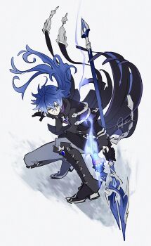 1boy black_boots black_capelet black_coat blue_hair boots capelet closed_mouth coat crossed_bangs double-parted_bangs flins_(genshin_impact) floating_clothes floating_hair full_body genshin_impact gradient_hair grey_pants hashtag-only_commentary highres holding holding_polearm holding_weapon long_hair long_sleeves male_focus multicolored_hair outstretched_arm pants polearm shokun_2 signature sleeve_cuffs solo very_long_hair weapon white_background yellow_eyes