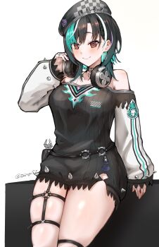 1girl absurdres aqua_hair asymmetrical_bangs bare_shoulders beret black_choker black_hair black_hat black_shirt blush braid braided_bangs choker closed_mouth colored_inner_hair commentary_request cowboy_shot dress earrings hat headphones headphones_around_neck highres hololive hololive_dev_is jewelry knee_strap long_shirt long_sleeves looking_at_viewer medium_hair mole mole_on_neck multicolored_hair o-ring o-ring_thigh_strap off-shoulder_dress off-shoulder_shirt off_shoulder purple_streaks raglan_sleeves red_eyes rindo_chihaya rindo_chihaya_(1st_costume) ring shirt short_dress sidelocks sitting skindentation smile solo spiked_hat streaked_hair swept_bangs tank_top tebingo thick_thighs thigh_strap thighs two-tone_hair virtual_youtuber white_streaks white_tank_top