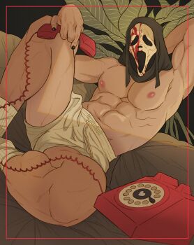 1boy abs absurdres artist_name bara black_nails blood blood_on_mask boxer_briefs ghost_mask ghostface highres holding holding_phone ives_navarro large_pectorals male_focus male_underwear mask muscular muscular_male navel nipples pectorals phone scream_(movie) sitting socks solo underwear white_male_underwear
