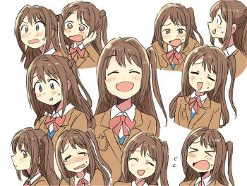 Rule 34 | > <, 1girl, blazer, blush, bow, bowtie, brown eyes, brown hair, brown jacket, closed eyes, idolmaster, idolmaster cinderella girls, jacket, long hair, multiple expressions, multiple views, one side up, open mouth, red bow, red bowtie, school uniform, shimamura uzuki, simple background, smile, sweatdrop, tears, tsubobot, white background