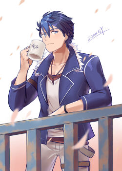 Rule 34 | 1boy, aradonkey, artist name, blue coat, blue hair, coat, coffee mug, collared shrug, commentary request, cup, dog tags, eiyuu densetsu, hair slicked back, highres, kai no kiseki, kuro no kiseki (series), kuro no kiseki i, light smile, looking at viewer, mug, multicolored hair, pants, shrug (clothing), simple background, taut clothes, taut pants, two-tone hair, van arkride