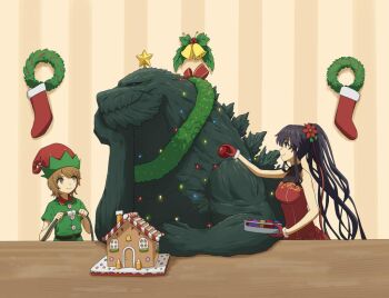 2girls black_hair brown_eyes brown_hair christmas_ornaments commentary commission decorating dress english_commentary gingerbread_house gloves godzilla godzilla:_planet_of_the_monsters godzilla_(series) godzilla_earth green_shirt kaiju kanzaki_kaori kinuhata_saiai long_hair monster multiple_girls polygon_pictures ponytail purple_eyes red_dress red_gloves shirt short_hair sleeveless sleeveless_dress tatararashi toaru_majutsu_no_index toho very_long_hair